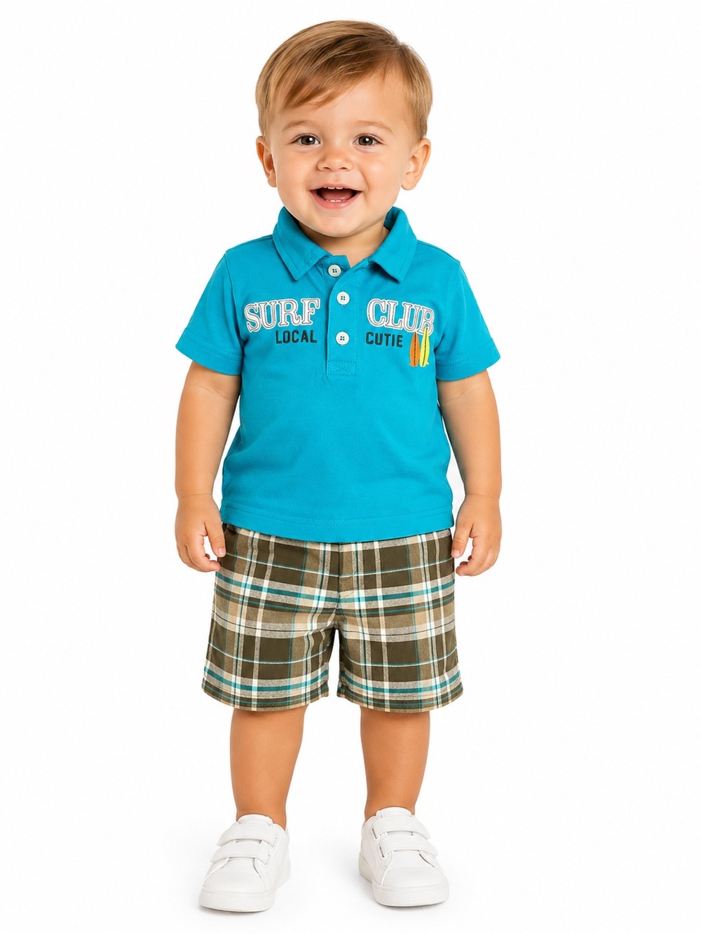 Carter’s Turquoise Surf Club Polo Tee and plaid shorts - 0073